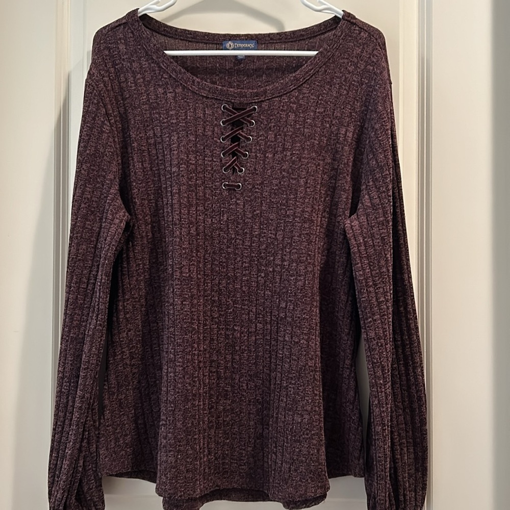 Democracy rib knit stretchy sweater top crisscross velvet laces size XL plum
